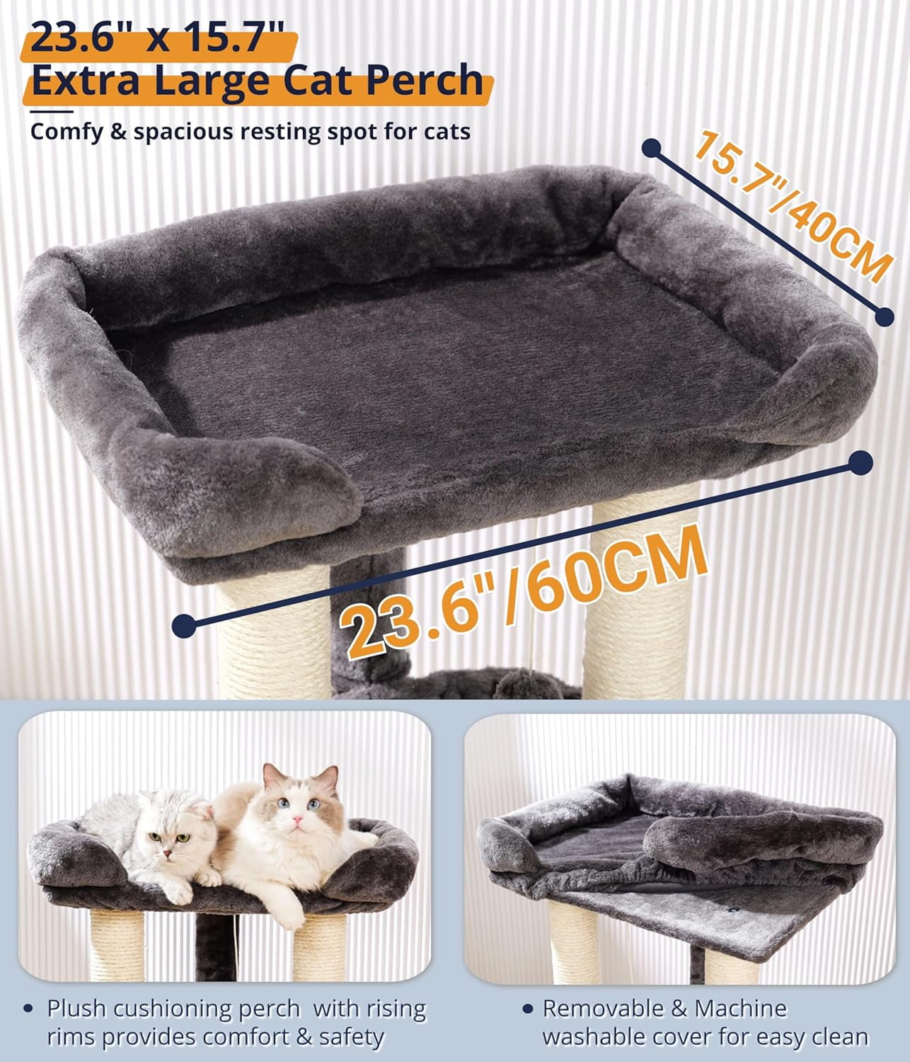 28" Cat Tree, Cat Tree Tower with 23.6x15.7 Inch Spacious Bed & Cozy Hammock, Small Cat Tree with Perch For Adult Cats, Sturdy Scratching Post & Toys, Compact Cat Tower-Gray