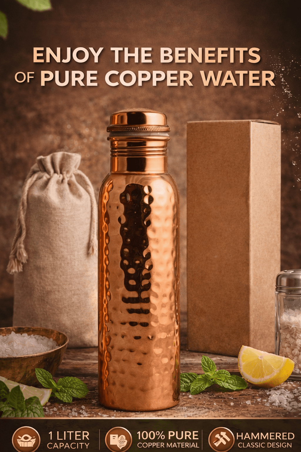 Mayur Exports 100% Pure Copper Water Bottle 1 Liter – Hammered Design, Leak Proof Cap, Ayurvedic Health Benefits, Reusable Metal Drinking Bottle for Home, Office & Travel