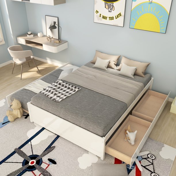 Bellemave Full Bed with Trundle and Storage, Solid Wood Full Size