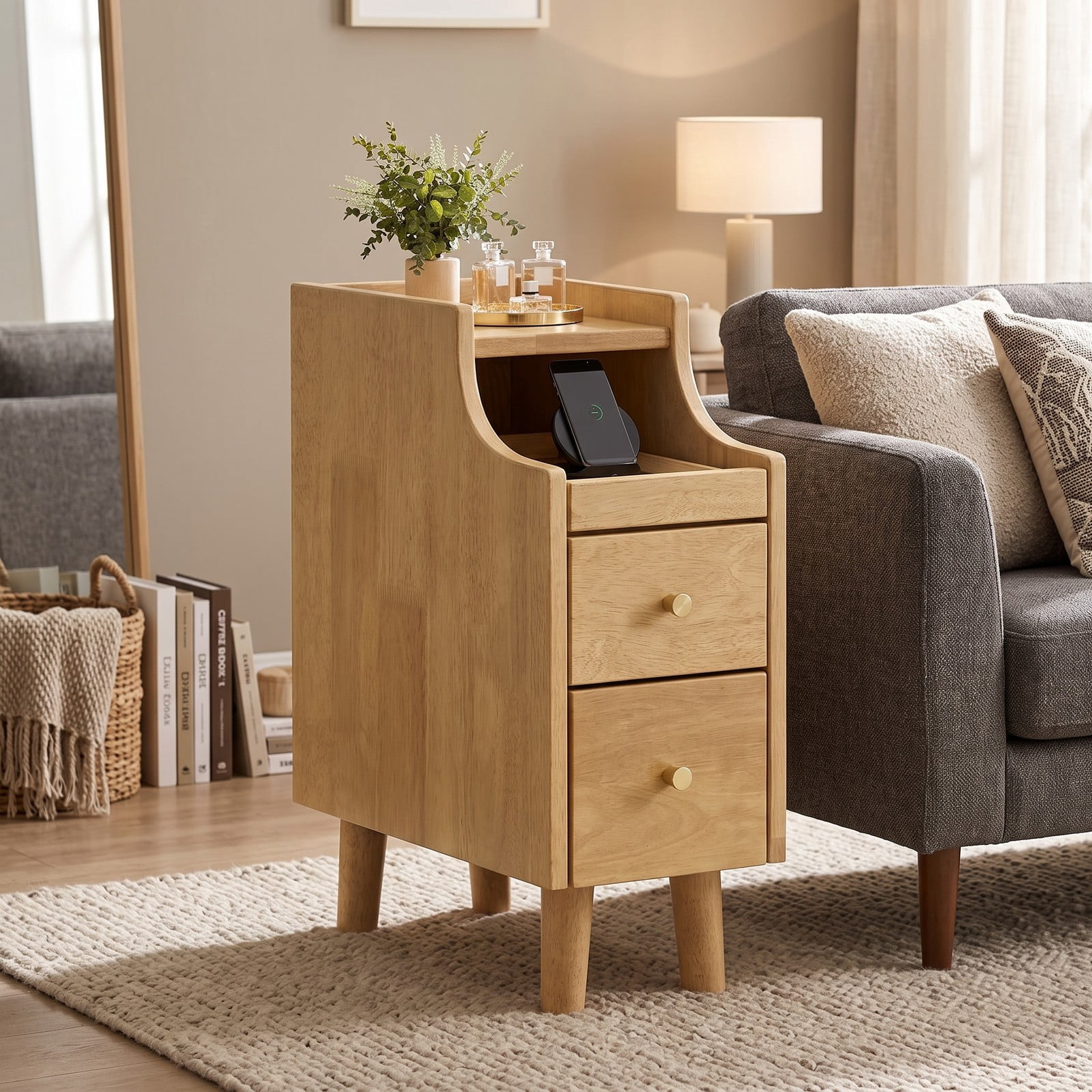 Furnibear Narrow Nightstand with Pull-out Tray and 2 Storage Drawers, Slim Solid Wood Bedside Table for Small Spaces and Tight Corners, Natural