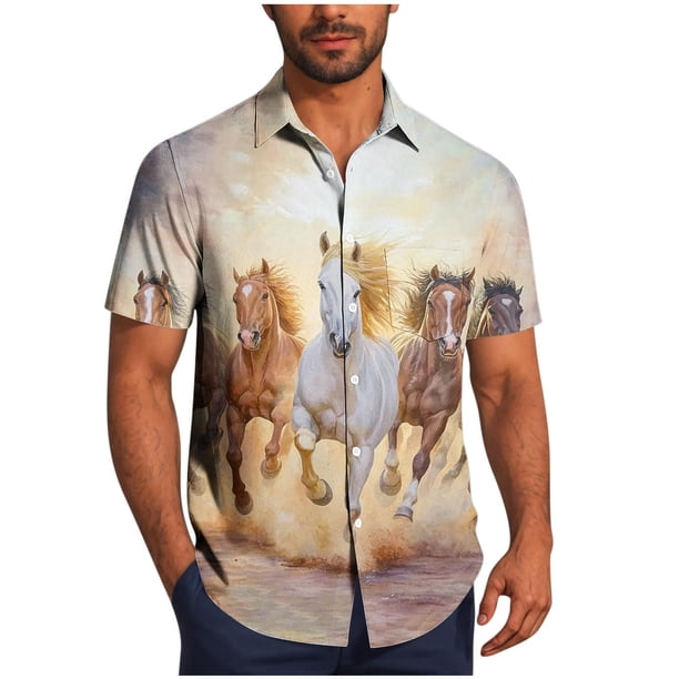 Mens Casual Manga Corta Botón Abajo Camisas Turndown Cuello Blusa de Impresión, Poliéster Ligero Top de la Moda para el Verano Al Aire Libre Y el Uso Diario