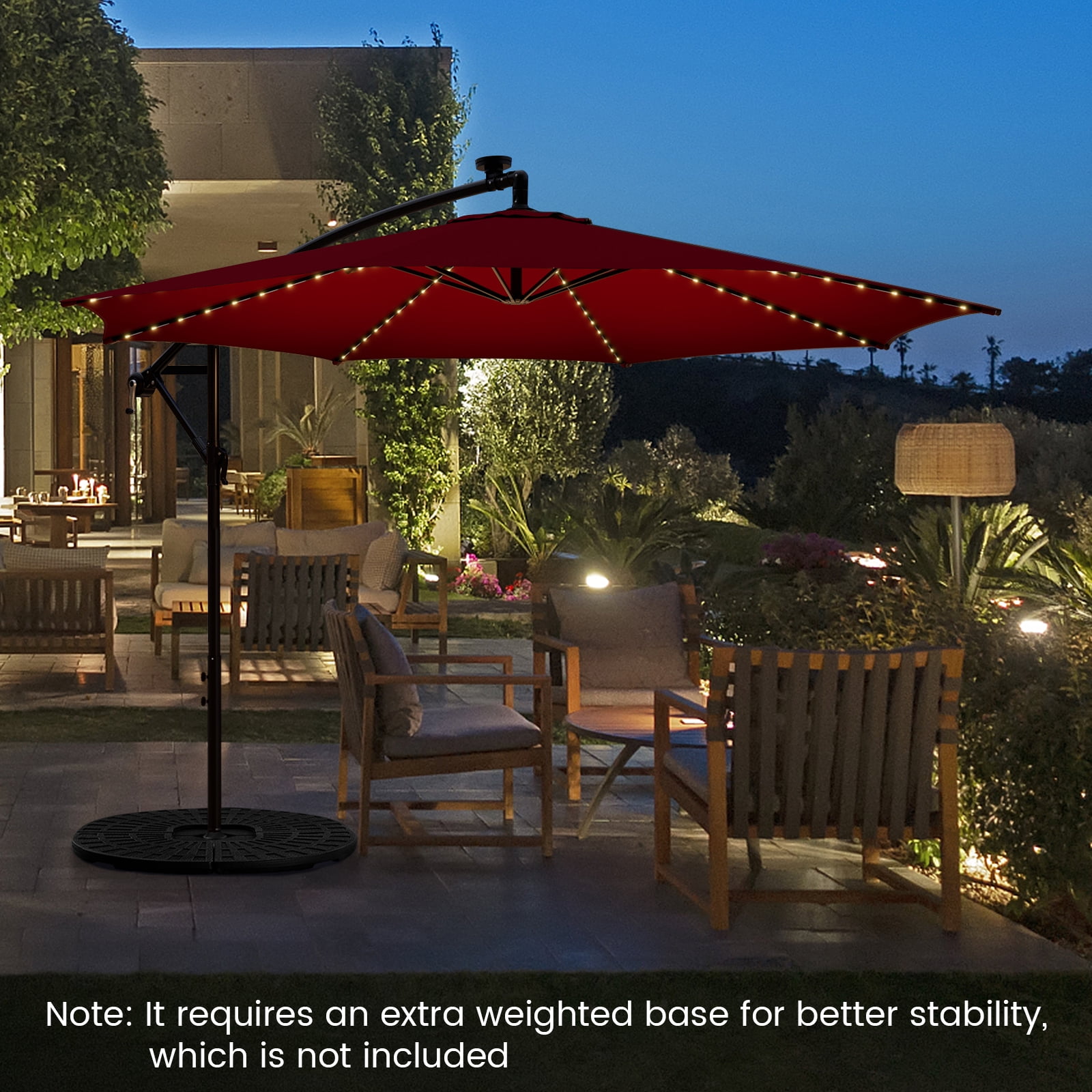 Patiojoy 10FT Solar Offset Umbrella Tilted Cantilever Umbrella with 112 LED Lights Lighted Patio Sun Shade with Crank Handle Red