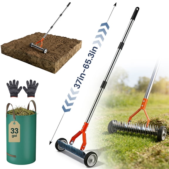 RELOIVE Thatching Rake, Wheeled Lawn Dethatcher with Adjustable Handle (37"-65.35") & 0-12° Angle Head, Heavy Duty Dethatching Rake with 33 Gallon Leaf Bag & Gloves for Lawn Care, Soil Loosening