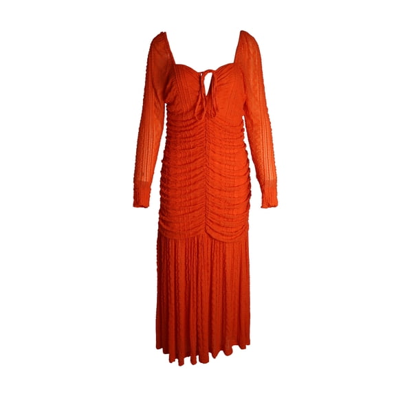 Pre-Owned Ganni Textured Ruched Jersey Midi Dress in Orange Polyamide