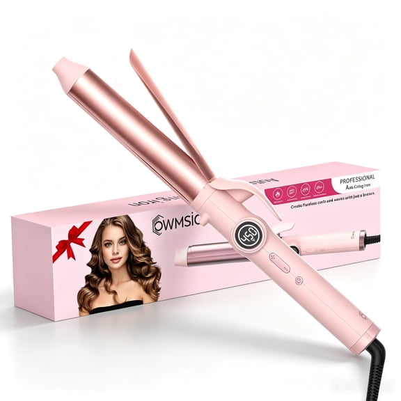 OWMSIC 1.25'' Hair Curling Iron, Ceramic Hair Curler with 12 Temp Settings LCD Display, Dual Voltage Fast Heating for Short/Long Hair & Big Waves, Pink