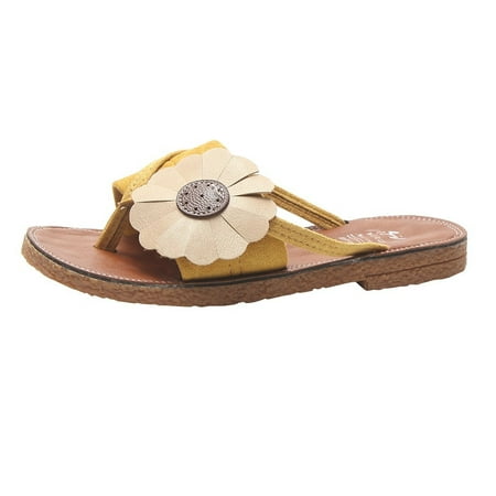 

Pgeraug womens slippers Summer Women Ladies Casual Flat Retro Slippers Flower Shoes Sandals Flip Flops mens slippers Yellow 39