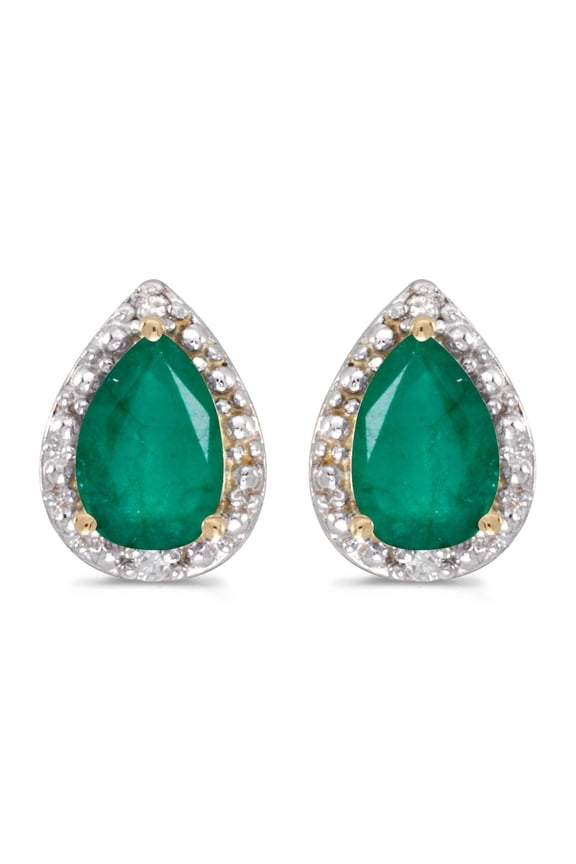 14k Yellow Gold Pear Emerald And Diamond Earrings