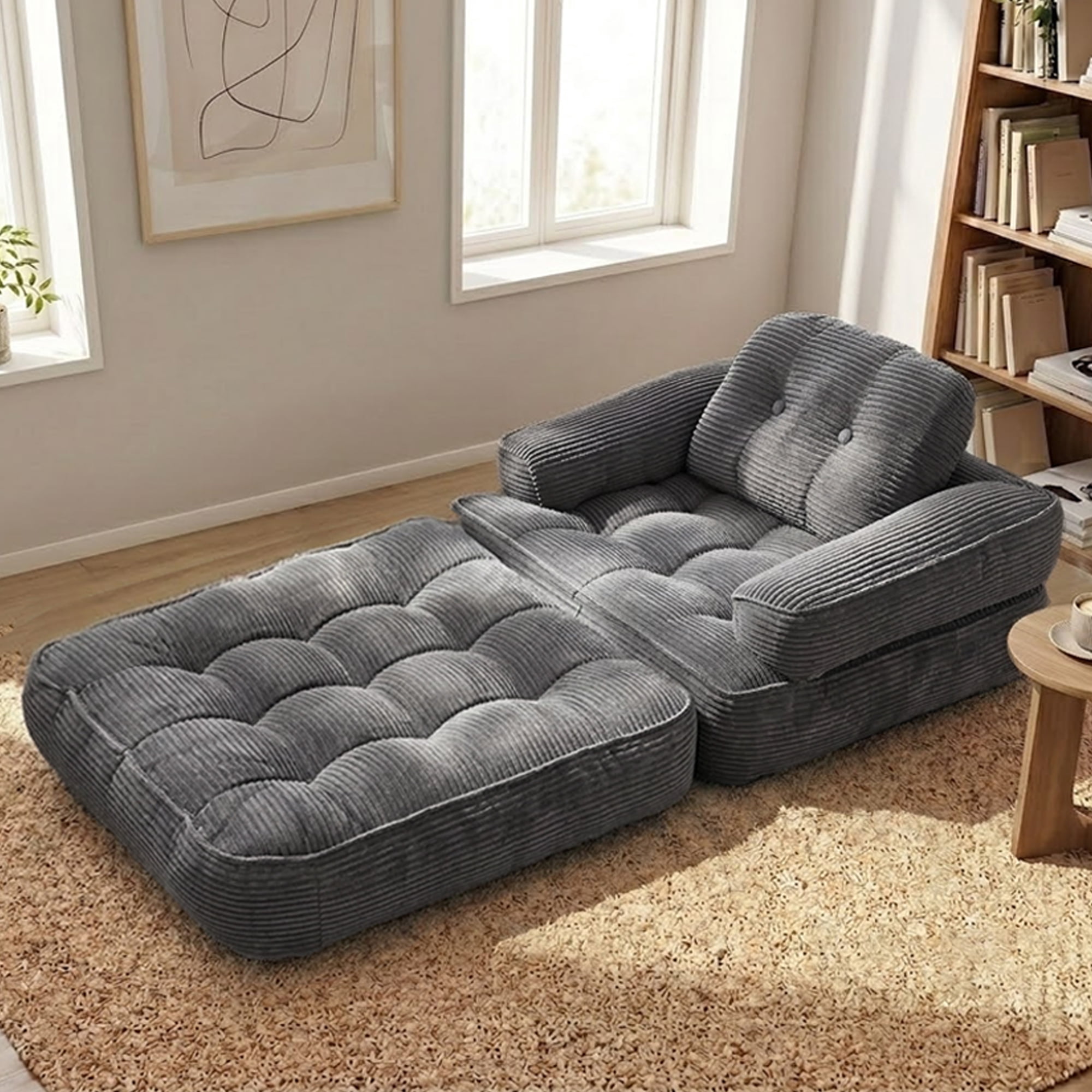 Folding Sofa Bed 66.9 Inch with Corduroy Fabric and Armrest, Convertible Sleeper Sofa and 2-in-1 Portable Bed with Pillows for Living Room, Dark Gray
