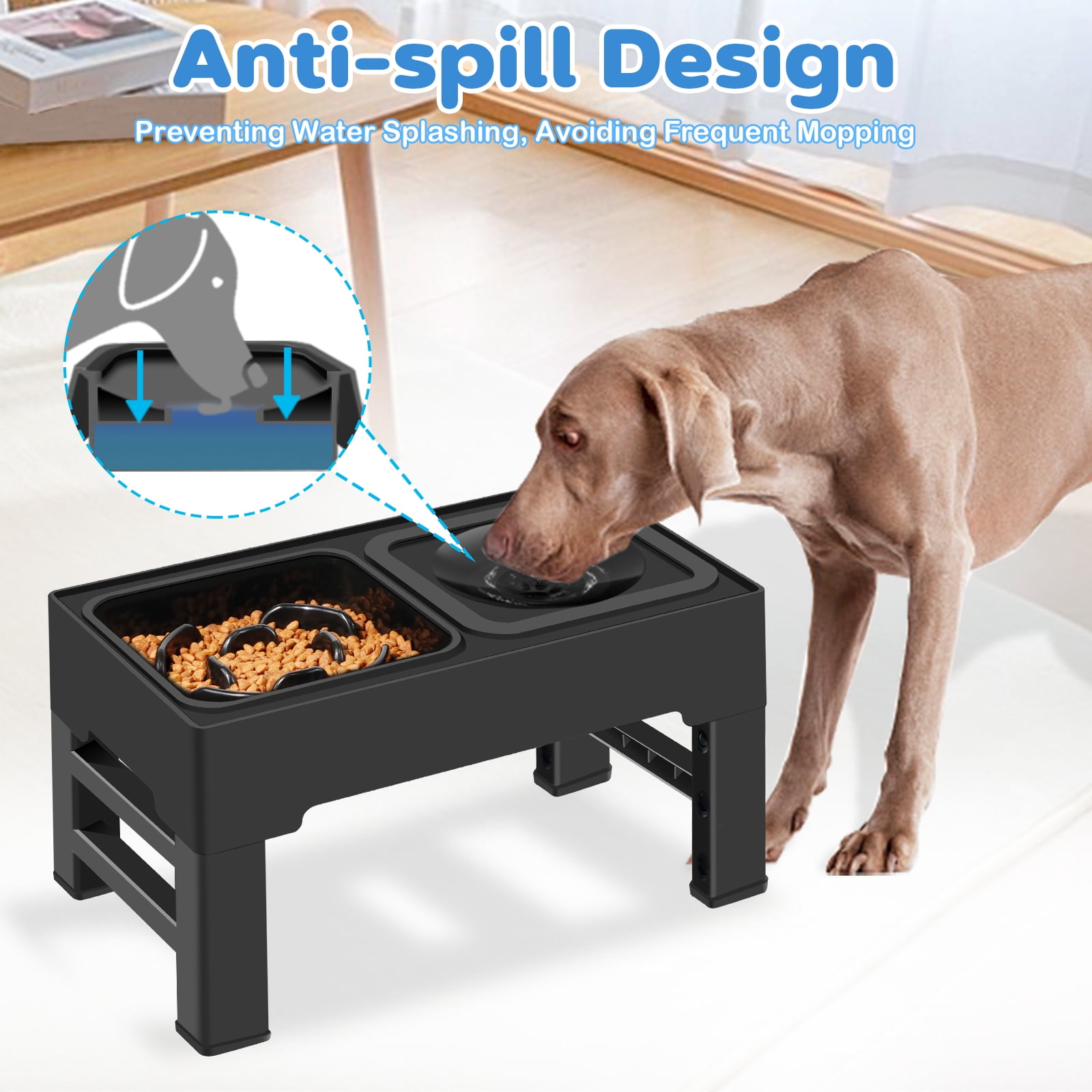 2-in-1 Elevated Slow Feeder Dog Bowls, 4 Height Adjustable Raised Dog Bowls Stand with No Spill Water Bowl, Non-Skid Pet Food Feeding Set for Small, Medium, Large Dogs Cats