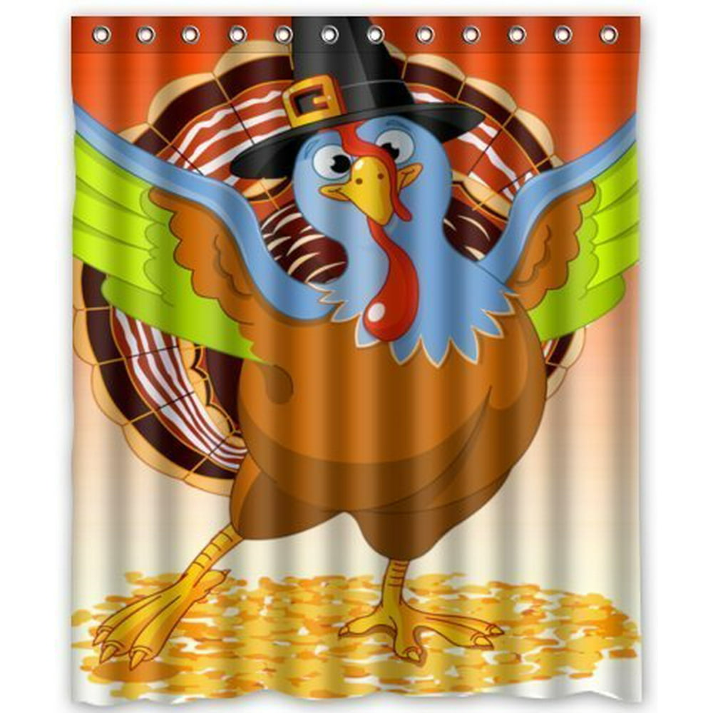 HelloDecor Happy Thanksgiving Turkey Shower Curtain Polyester Fabric