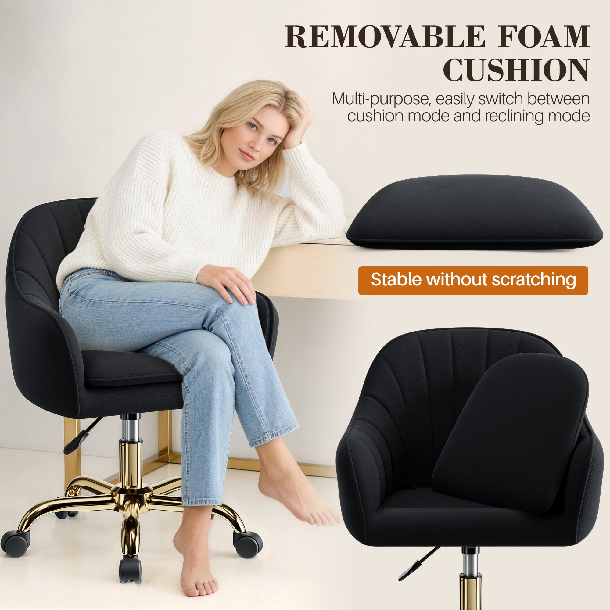COOLHUT Office Desk Chair with Padded, Velvet Vanity Chair with Back and Wheels, Comfy Home Office Chiar with Gold Legs, Height Adjustable, Rolling Chair for Vanity Room, Makeup Room, Bedroom, Black
