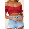 thumbnail image 1 of Women's Ruffle Short Sleeve Tie Up Back Crop Top Off Shoulder Bardot Blouse,Red,M, 1 of 6