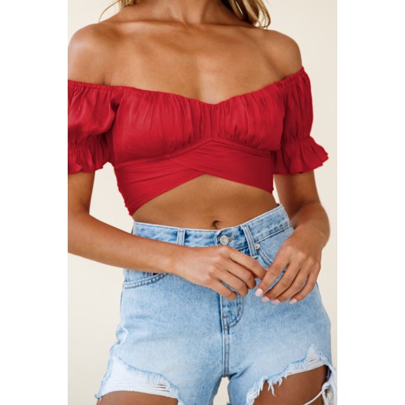 Women's Ruffle Short Sleeve Tie Up Back Crop Top Off Shoulder Bardot Blouse,Red,XL