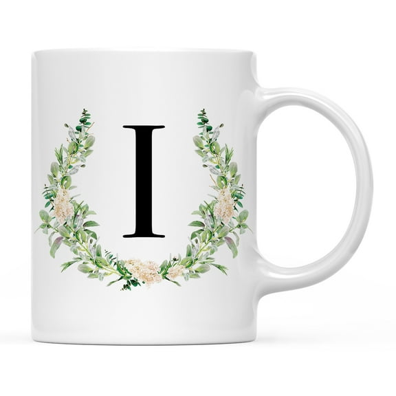 Koyal Wholesale Ceramic Coffee Mug, Garden Green Monogram Initial Letter I