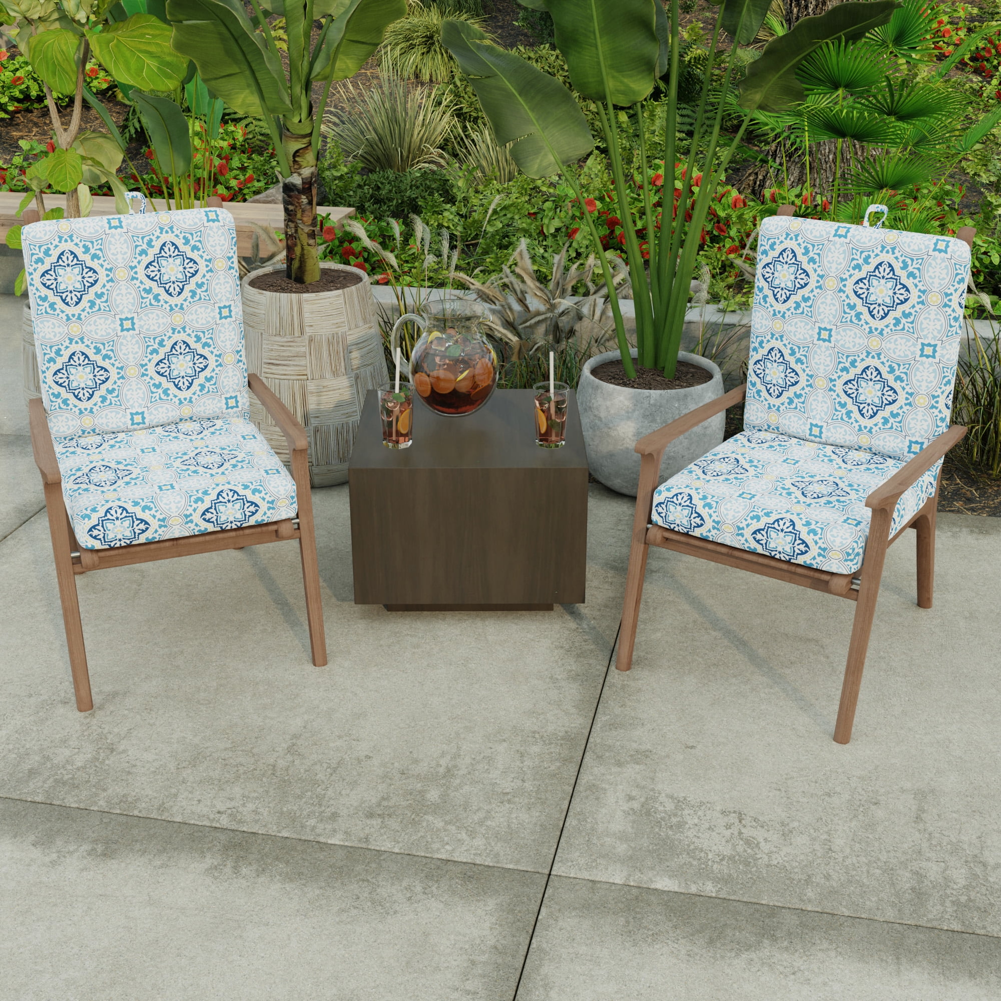 Jordan Manufacturing 44" x 21" Rave Sky Blue Quatrefoil Rectangular Outdoor Chair Cushion with Ties and Hanger Loop