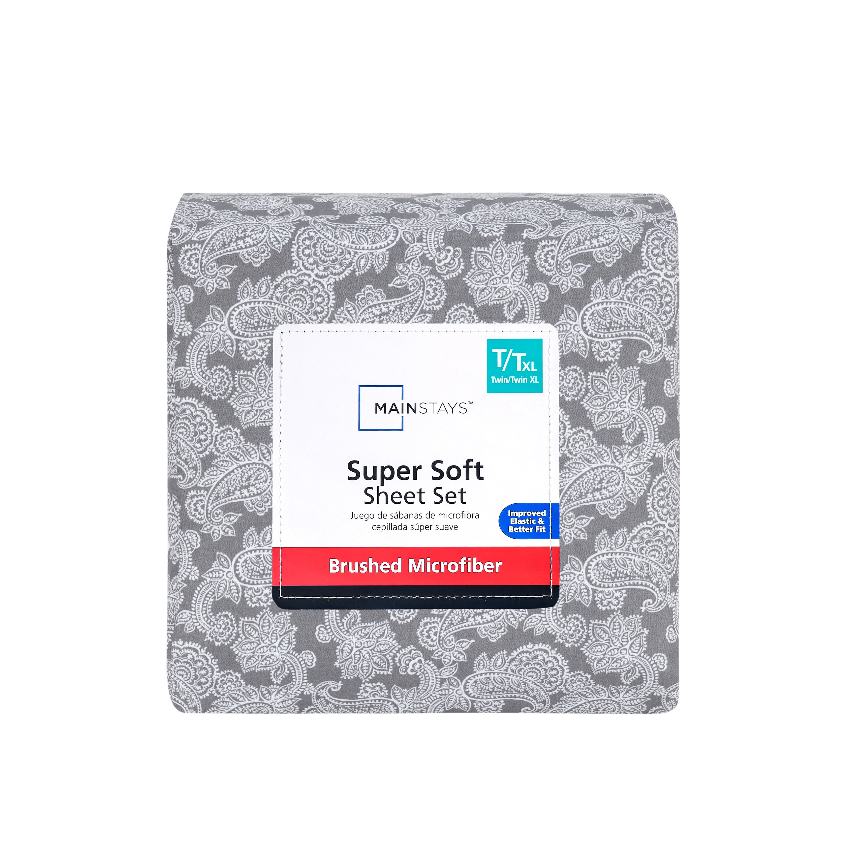 Mainstays Super Soft Brushed Microfiber Bed Sheet Set, Grey Paisley Print, Twin-XL, 3 Piece