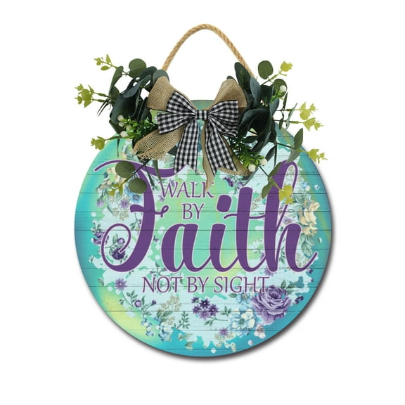 Walk By Faith Door Sign Home Decor Round Wood Wreaths Wall Hanging Sign Farmhouse Porch Sign Front Door Decoration for Housewarming Gift All Seasons Holiday,11In