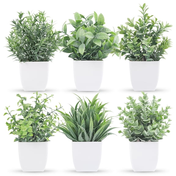Miracliy 6 Pack Artificial Square Plastic Potted Plants, Gray Green Fake Greenery for Home and Office Desktop Decor