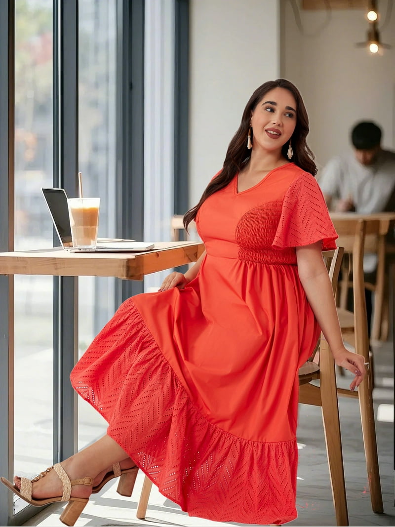 LapaPlus Women's Plus Size Dress XL-6XL Summer Vacation Short Sleeve Smocked  Ruffle Midi Dresses with Pockets - Walmart.com
