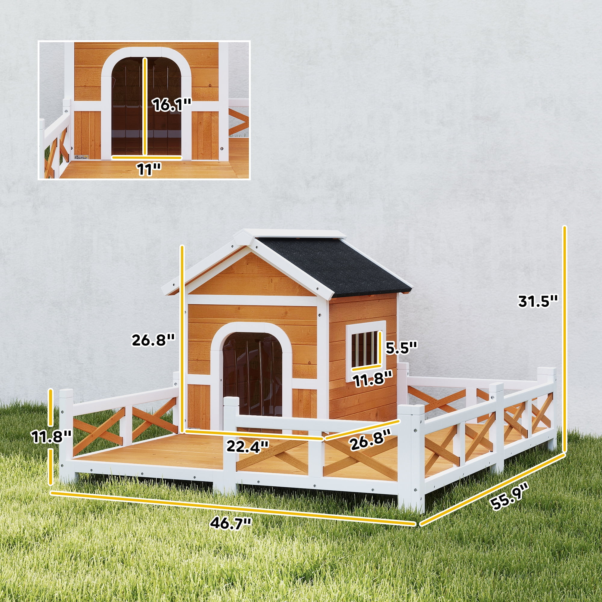 PawHut Outdoor Dog House, Wooden Dog Shlter with Large Porch, Weatherproof & Openable Roof, Elevated Base, Removable Floor