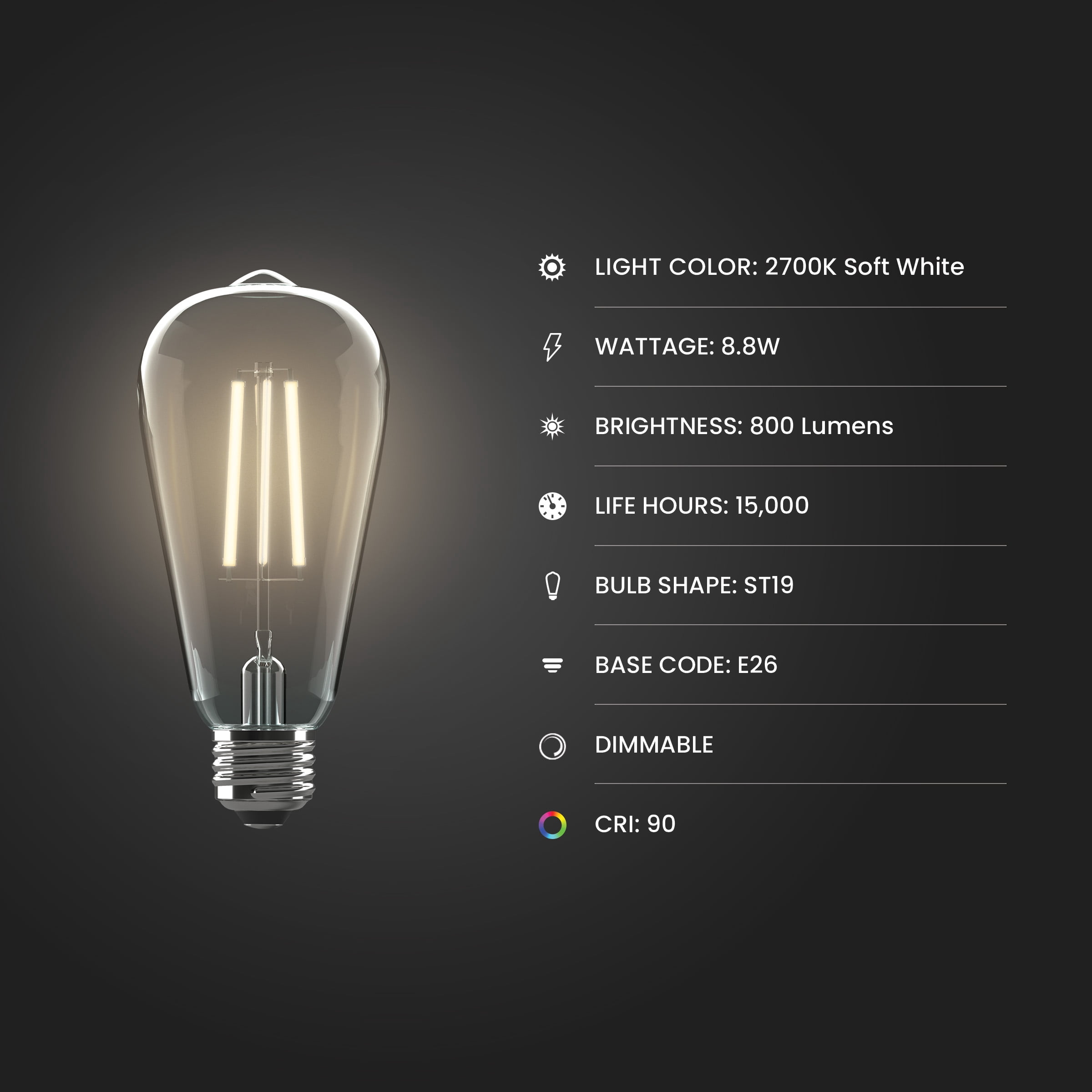 Feit Electric ST19 LED 8.8W (60W Equivalent) Soft White (2700K), Medium E26 Base, Clear Glass Filament, Dimmable Light Bulb 4 Pack