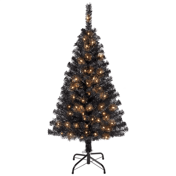 Alden Design 4Ft Pre-Lit Fir Christmas Tree with Foldable Stand & Incandescent Warm Lights, Black