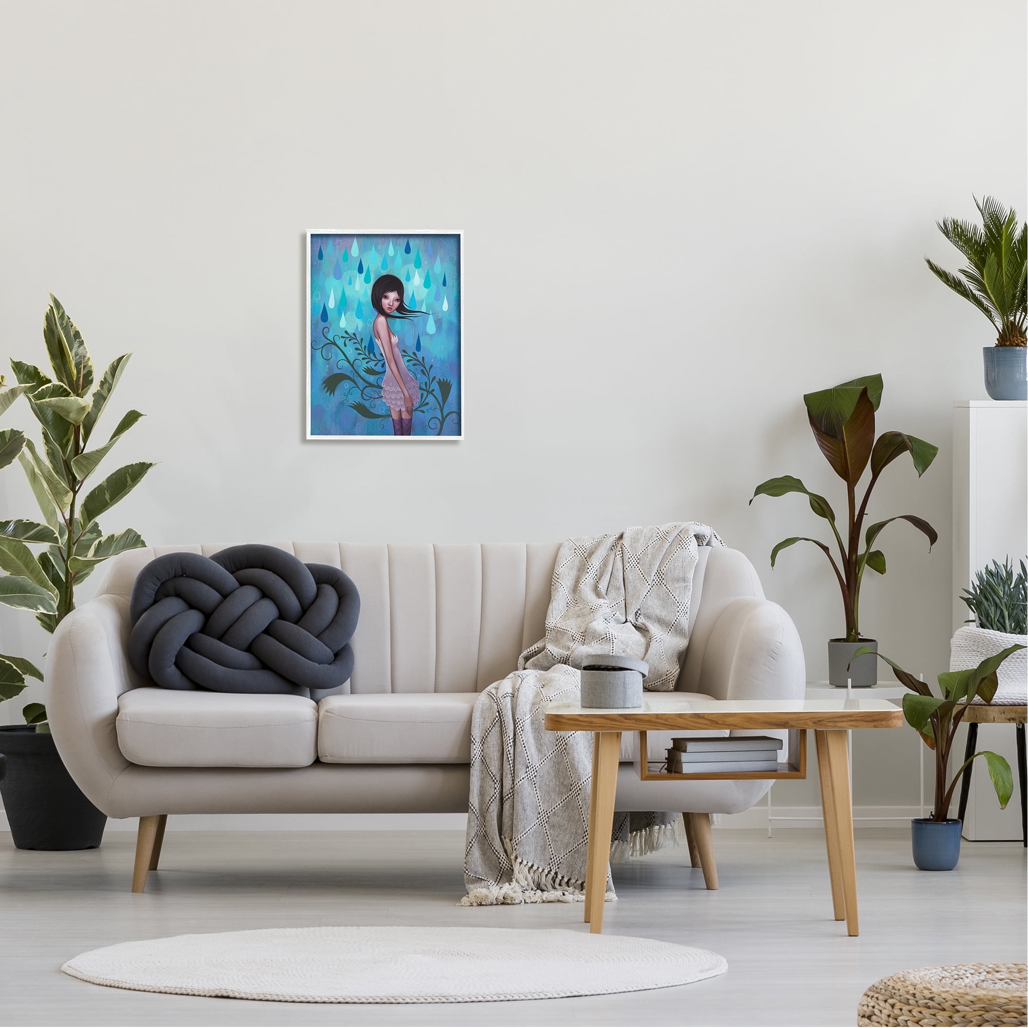 Stupell Industries Woman White Dress Falling Blue Raindrops Botanical Motif Framed Wall Art, 16 x 20, Design by Barry Kite