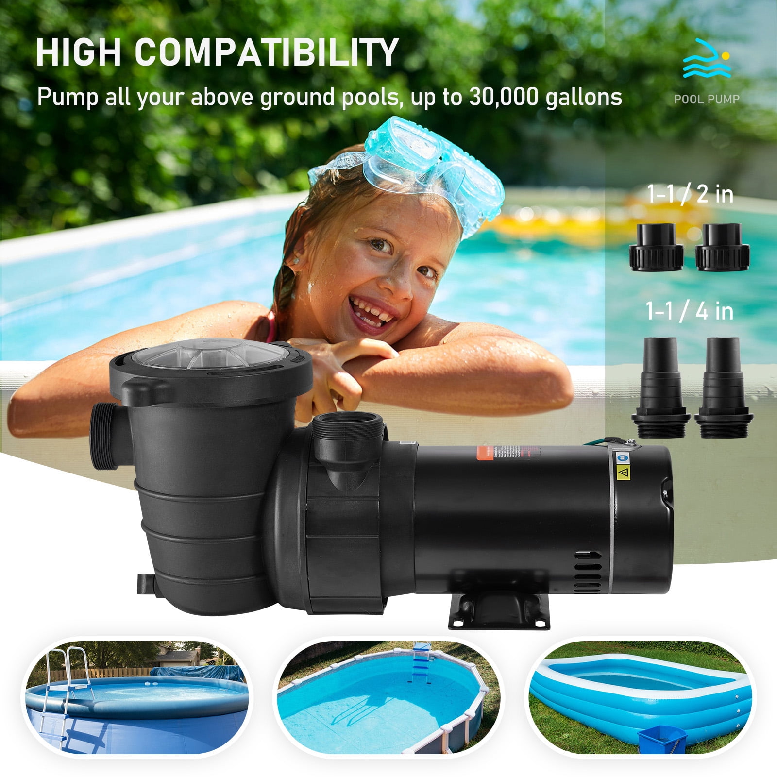 BENTISM Swimming Pool Pump, 2HP 115V, 1500W Single Speed Pumps for Above Ground Pool w/ Strainer Basket, 5400GPH Max. Flow, Certification of ETL