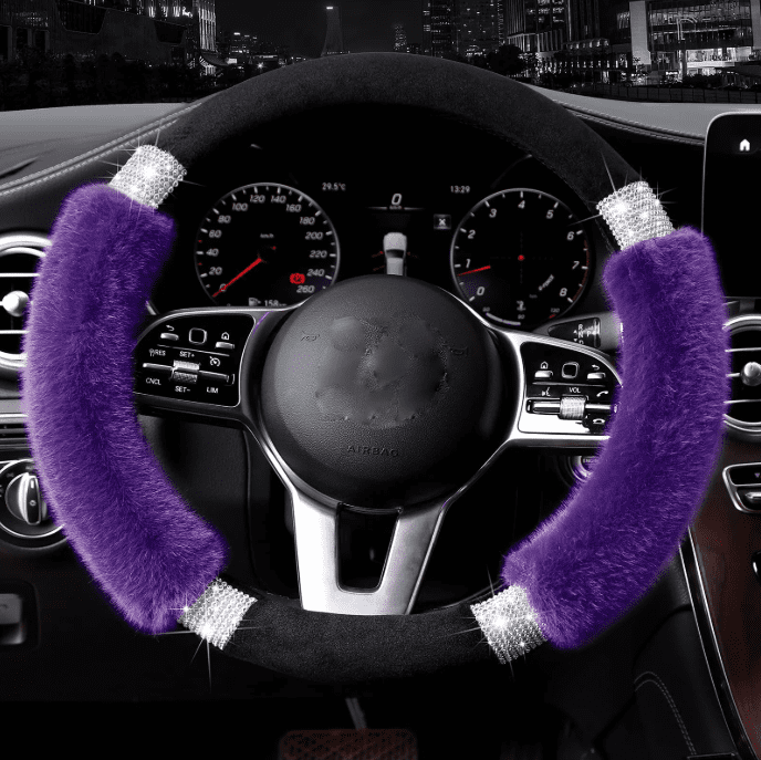 Rhinestone Fluffy Steering Wheel Cover Comfortable Non-Slip Luxury Faux Wool, Universal Fit for 14.5-15 Inches Steering Wheels
