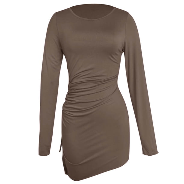 WILLBEST Vestidos Largos Nuevo Vestido Belleza Ajustado De Color Sólido Con Falda De Manga Larga Y Cuello Redondo Con Cordón Para Mujer
