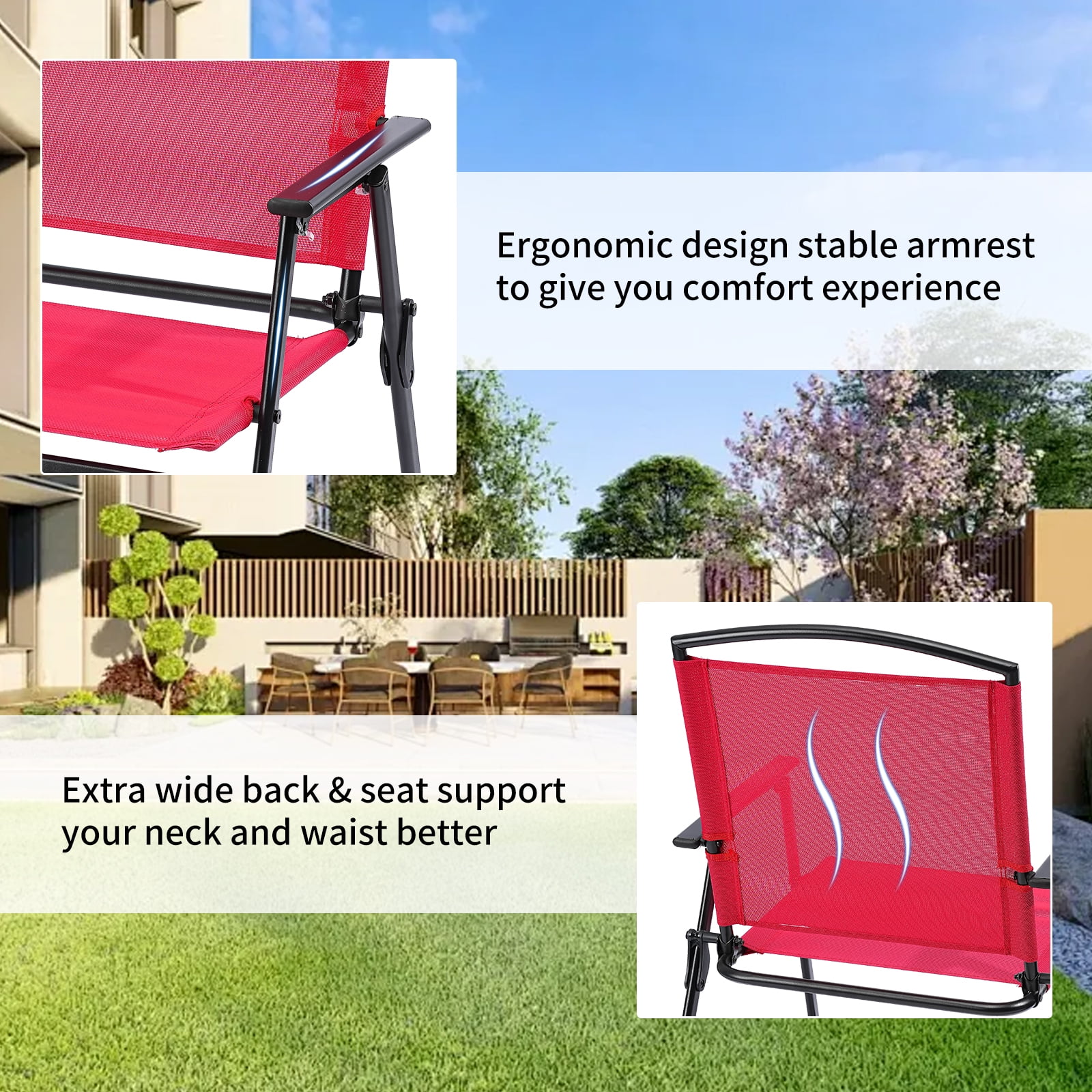 Outdoor Red Portable Folding Patio Dining Sling Chairs Set Of 2 With Armrest Foldable Patio Chairs For Lawn Garden Balcony Living Room Furniture