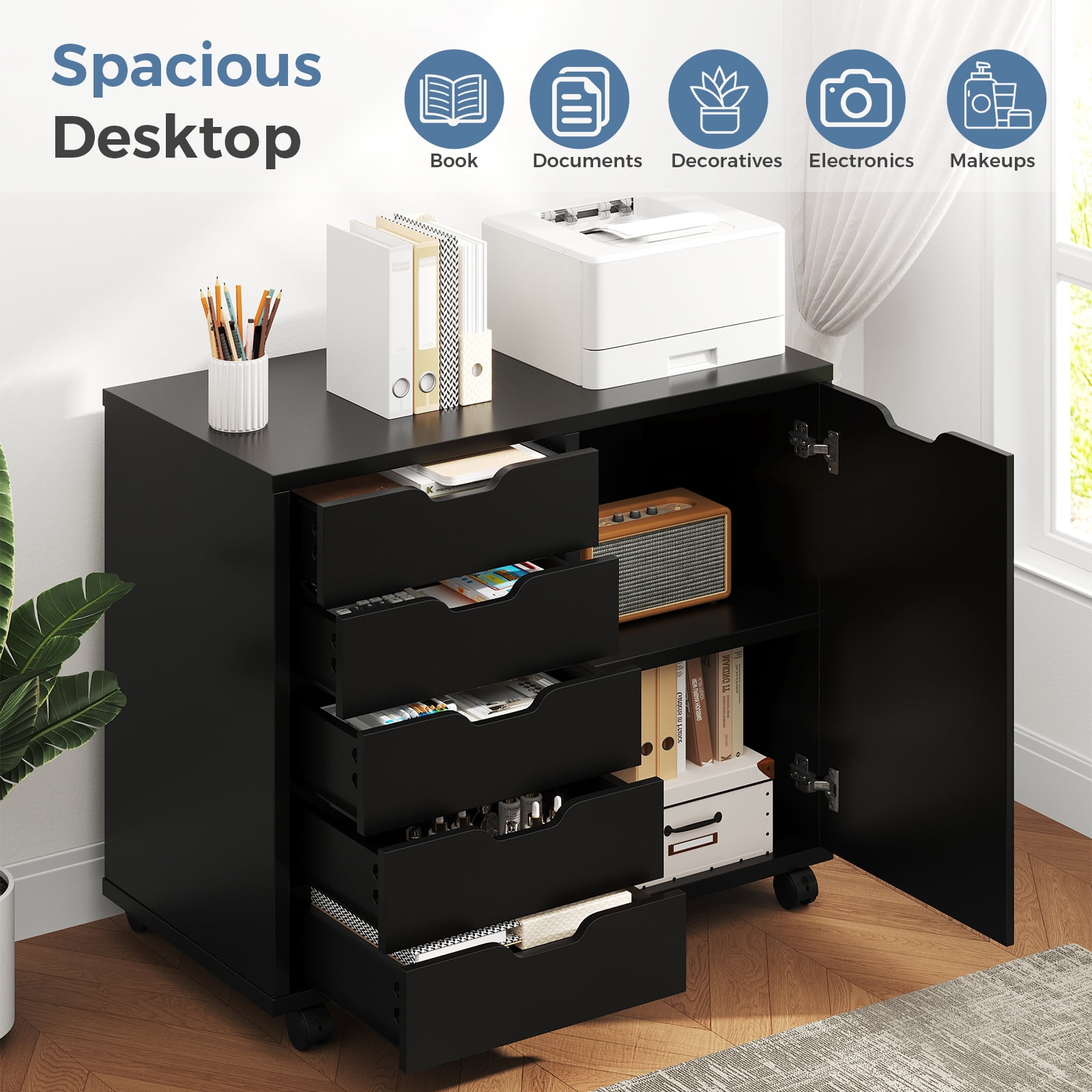 Gianna 5-Drawer Wood File Cabinet, Mobile Printer Stand with Adjustable Shelf & Wheels, Storage Shelves for Home Office