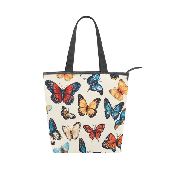 Zipper canvas bag, large capacity large size practical handbag, durable Canvas with leather material, DIY personalized pattern customization. Multicolor Butterfly
