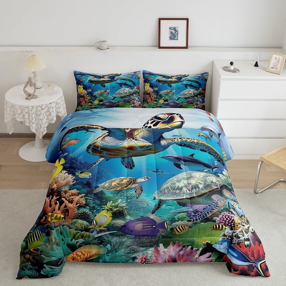 Erosebridal 3D Sea Turtle Bedding Sets Twin with Comforter, Colorful Fish Duvet Insert, Cute Sealife Decor, Lightweight 2-Piece