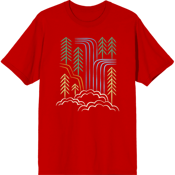 Adventure Society Waterfalls & Pine Trees Crew Neck Short Sleeve Adult T-shirt-Medium-Red