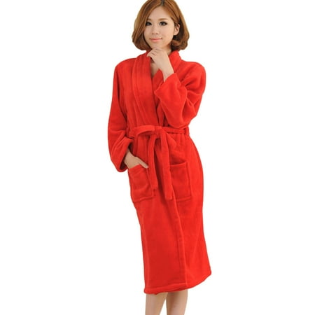 

YMH Women Autumn Winter Solid Color Waist Belt Thick Coral Fleece Bath Robe Sleepwear