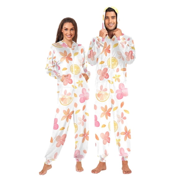 FORMRS Onesies Pajama for Adults Unisex Hoodie Winter Jumpsuit One Piece Sleepwear, Sizes S-2XL, White Floral Orange