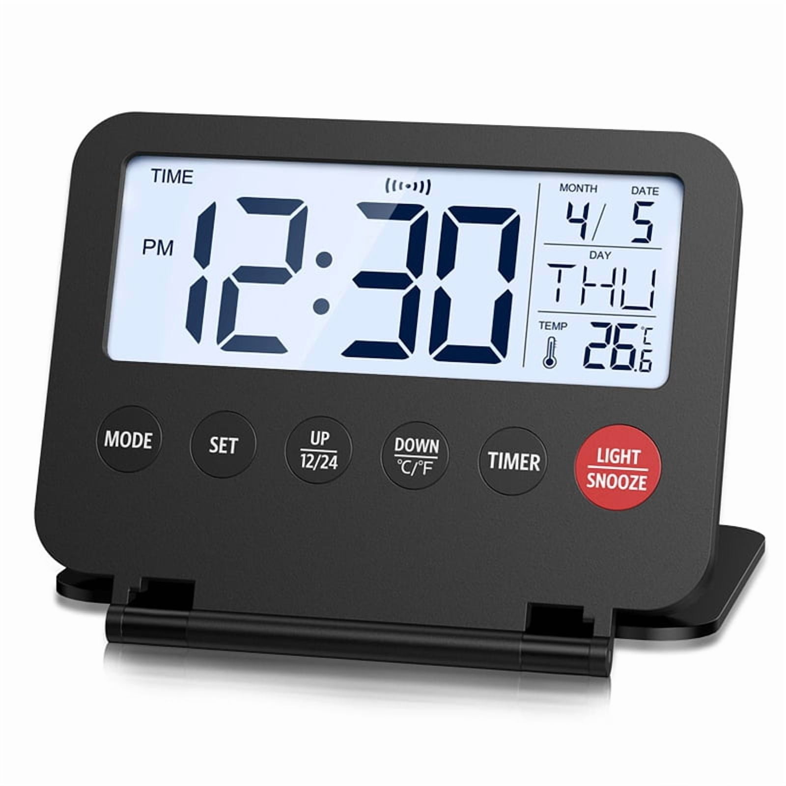 Travel Alarm Clock for Home and Travel, Portable Digital Clock with 12/24H Display, Snooze, Compact & Black ABS