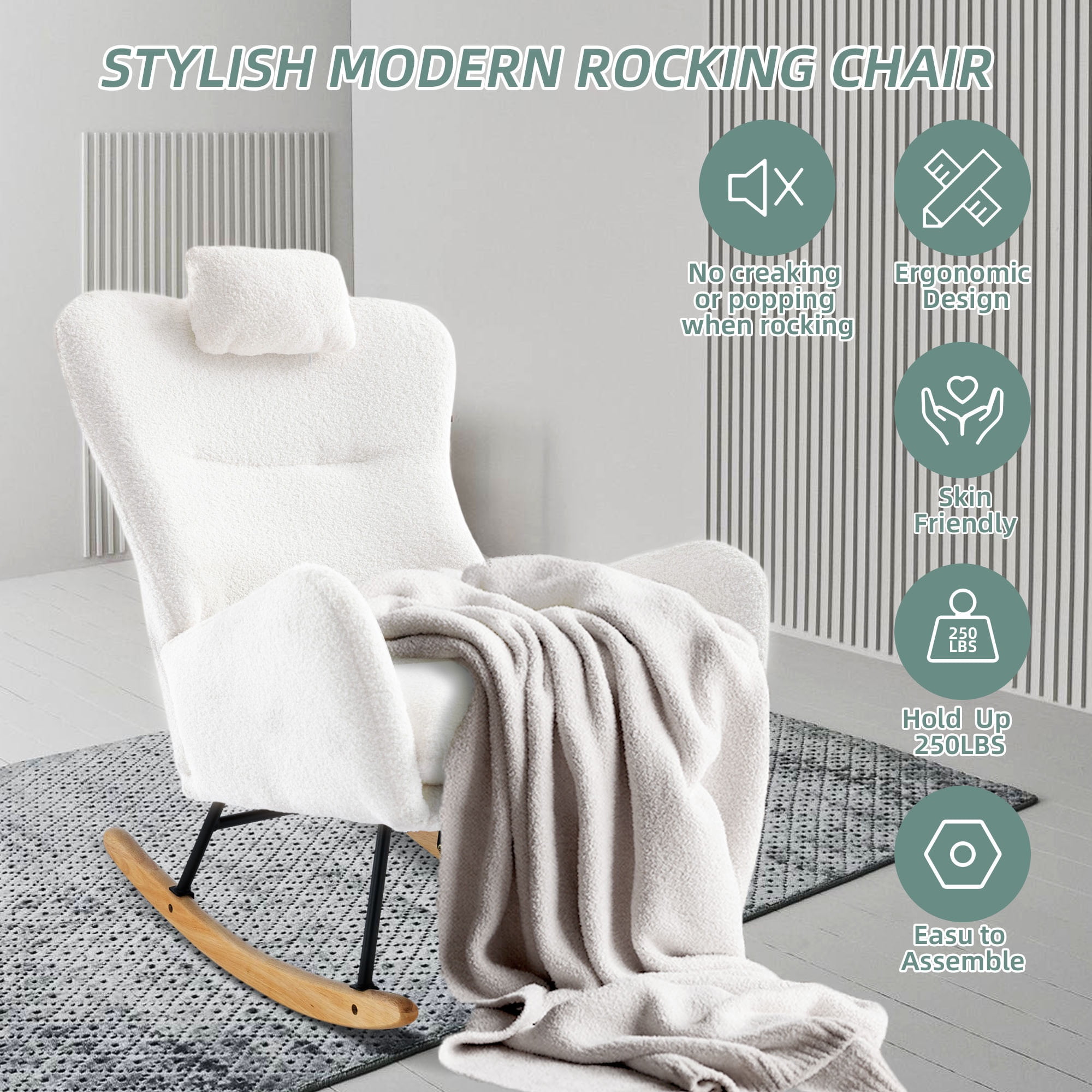 PAPROOS Modern Teddy Fabric Rocking Chair, Accent Rocker Chair with High Backrest for Nursery, Accent Glider Rocker for Living Room Bedroom Playroom, White