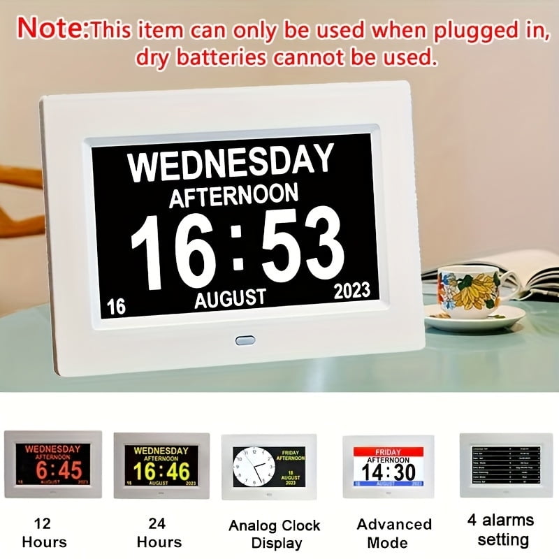 1pc Digital Calendar Day Alarm Clock, Photo Frame Media Player Auto Dimmable and Sun Moon Icons, 4 Alarm Options 7 Inch Large Analog Wall Clock with Remote Control for Elderly Dementia Alzheimers