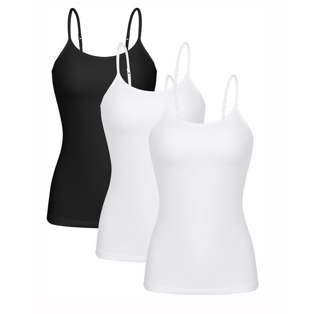 Beautyin Débardeurs Unis pour Femmes avec Soutien-Gorge Intégré Bretelles Spaghetti Réglables Débardeur en Coton 3 Packs