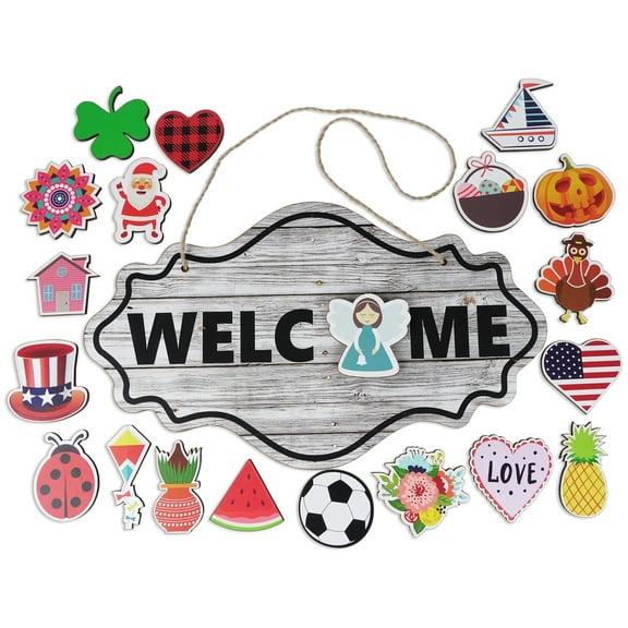Inkdotpot Welcome Sign Front Door Decorations Hanging 20 Interchangeable Rustic Wood Seasonal Holiday Ornaments Housewarming Gift, Farmhouse Porch Decor- Wall Hanging 17" Inches