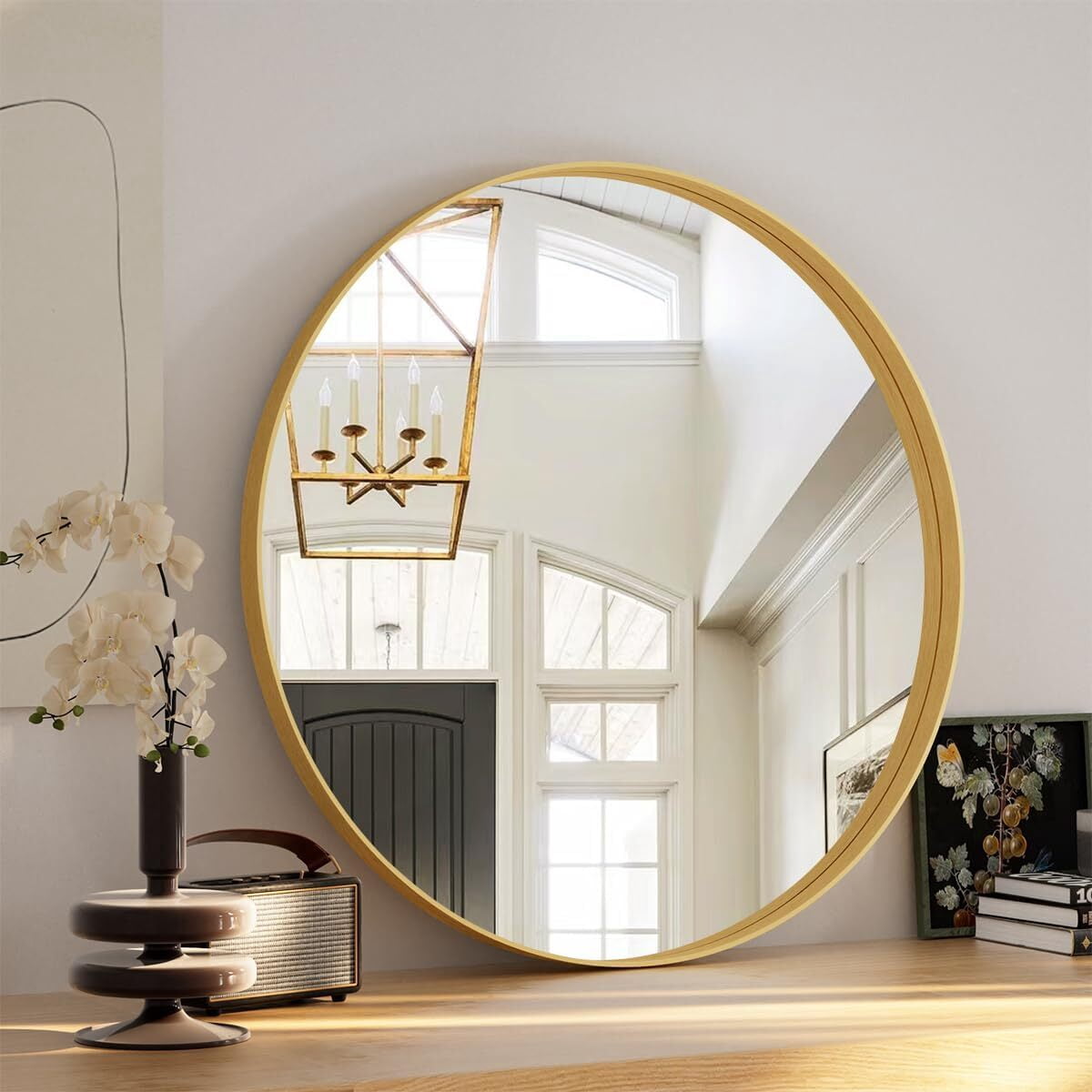 Anyrose 30" Round Bathroom Mirror Deep Frame Wall Vanity Mirror,Gold