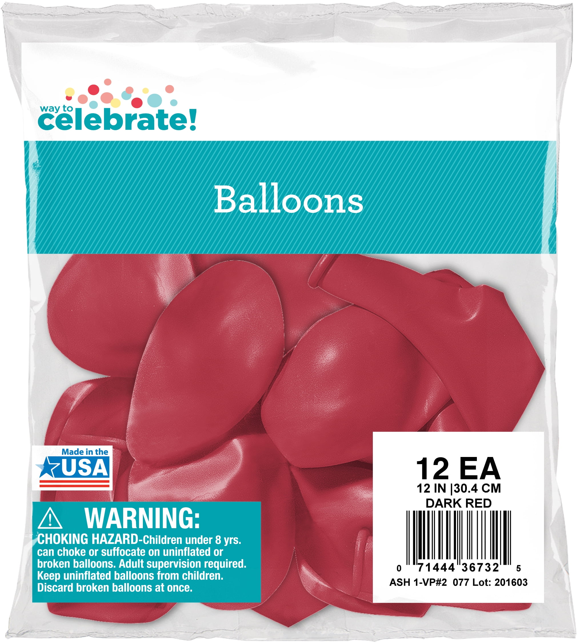 Way to Celebrate Latex Balloons 12" Dark Red, 12 Count Bag