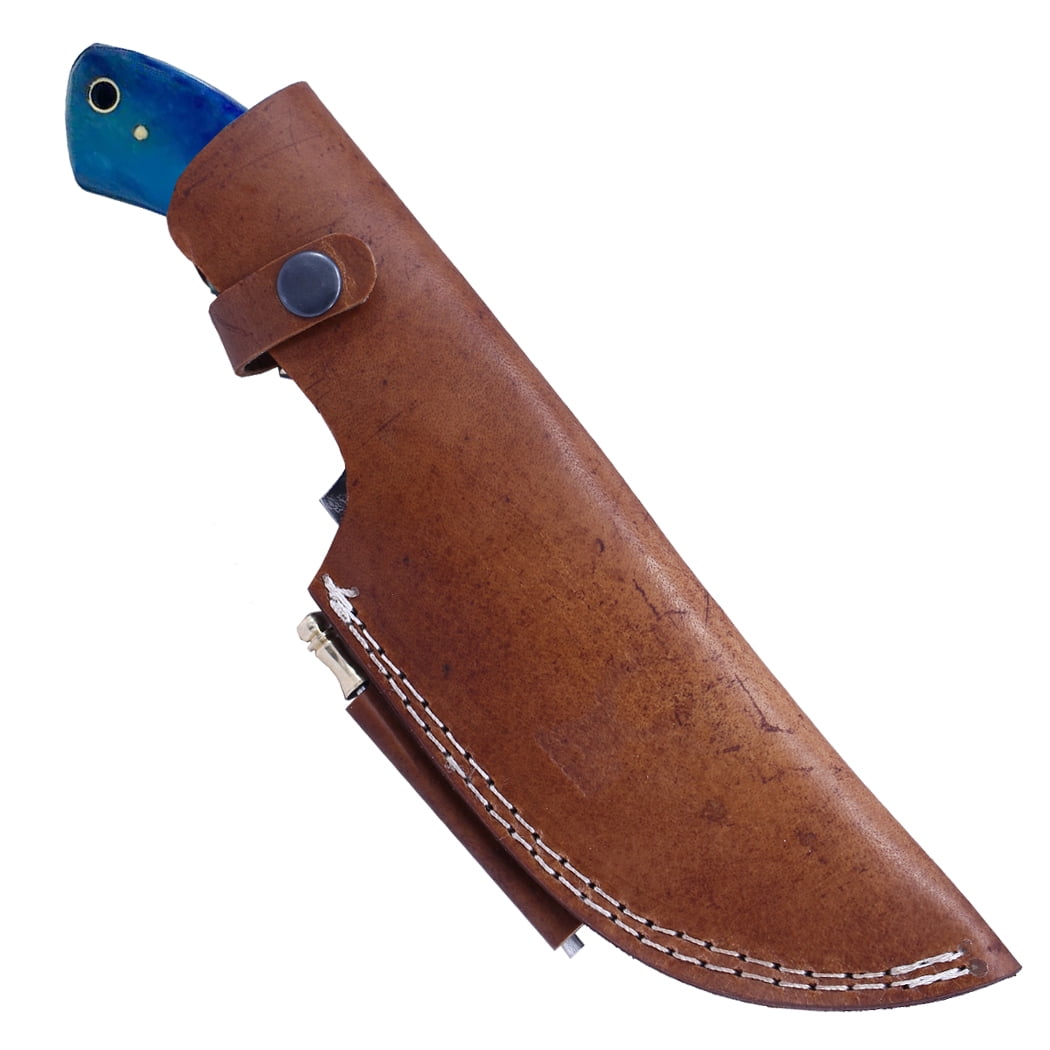 TheBoneEdge 10"" Damascus Blade Tracker Hunting knife Blue Bone Handle With Leather Sheath