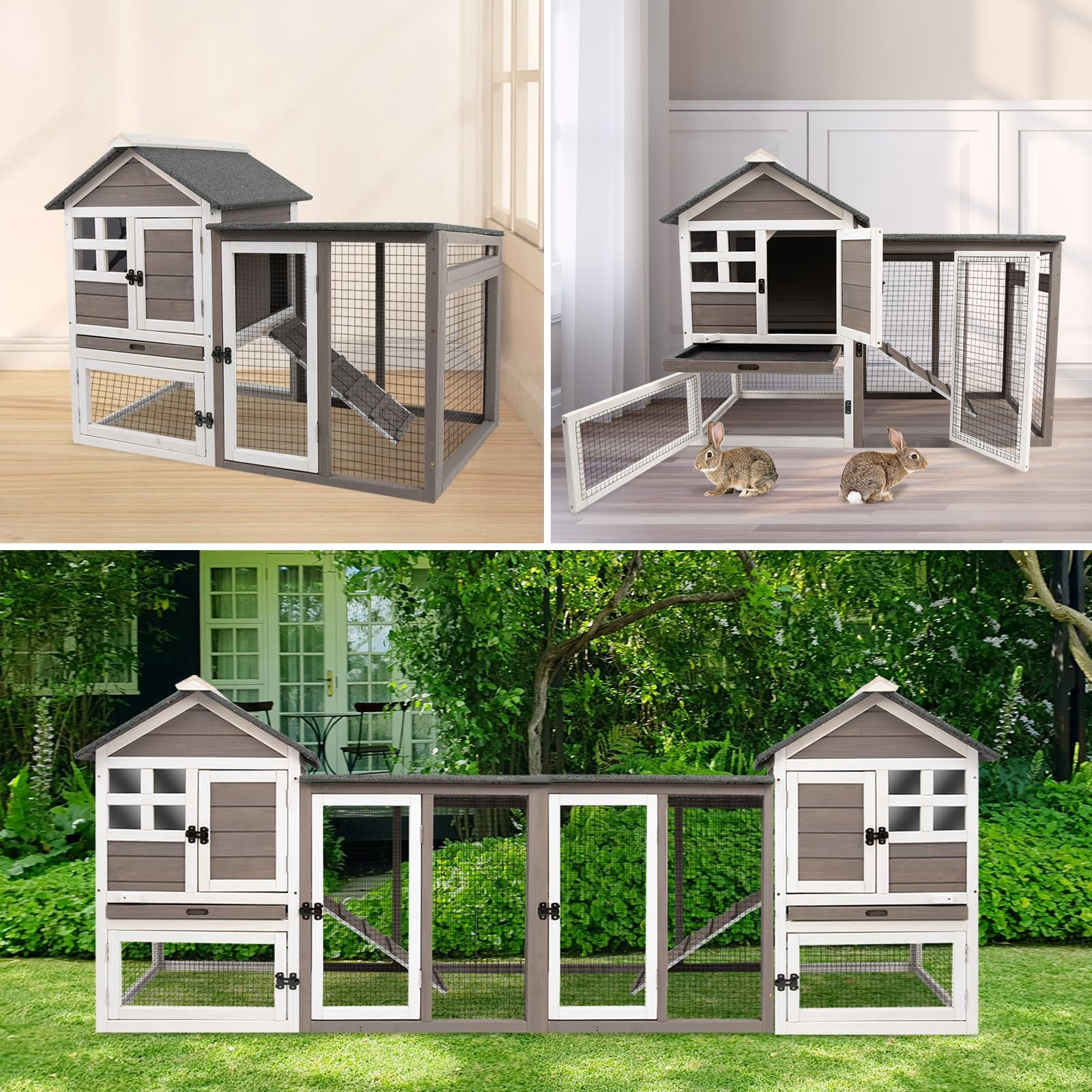Luku Rabbit & Chicken Cage Two-Story Pet House, Waterproof Indoor/Outdoor Hutch with Wooden Ramp, Secure Wire Mesh, Accessories Included, Spacious Bunny & Poultry Habitat