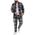 thumbnail image 2 of VBTAPA Men's Plaid Shirt Jacket and Pants Sets Spring Fall 2 Piece Outfits Lapel Long Sleeve Button Down Tracksuits with Pockets Yellow S, 2 of 3