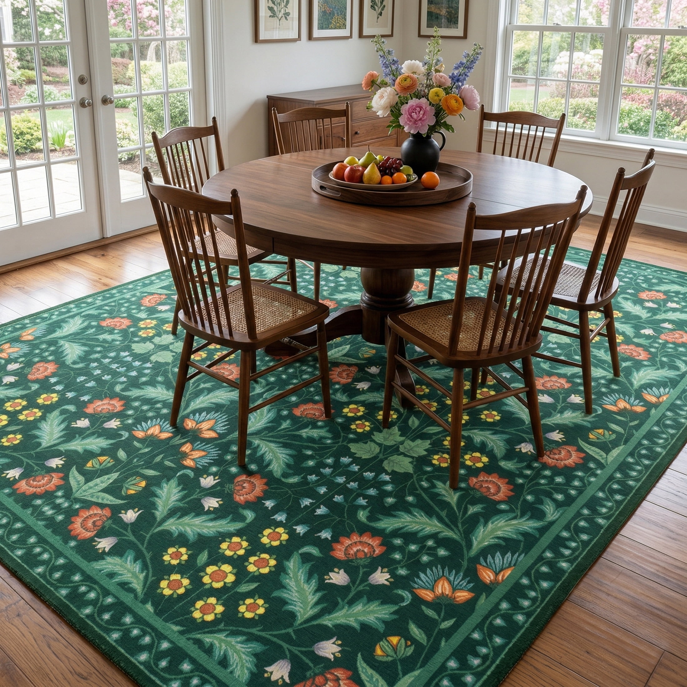 ARJINCUTE Spring Blooms Vintage Green Area Rugs 9'x12', Non Slip, Low Pile, Soft Touch, Machine Washable, Foldable