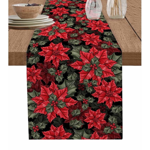 Ldtrchee Christmas Poinsettia Table Runner 48 Inches, Xmas Floral Botanical Red Black Bed Runner Dresser Scarves Tabletop for Indoor Outdoor Parties/Ceremony/Banquet, 13" x 48"