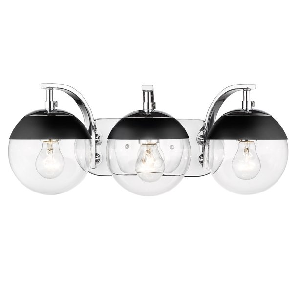 Dixon 3Light Bath Vanity in Chrome with Clear Glass and Black Cap
